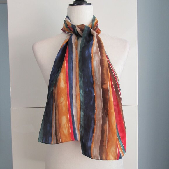 100% Silk Stripe Rectangular Scarf 10" x 54" Multicolor Excellent - Picture 8 of 8